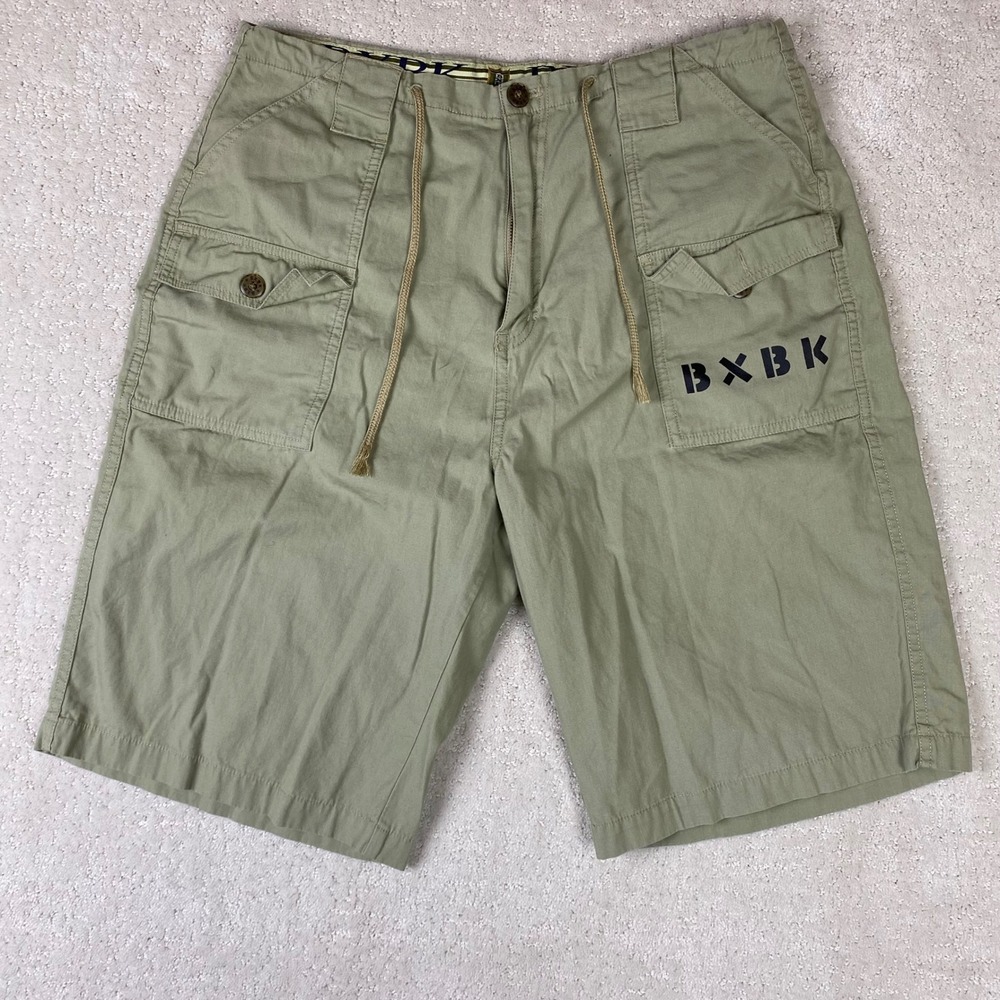 BXBK Vintage Cargo Shorts Mens Large Olive Graphic Logo Cotton Drawstring Y2K